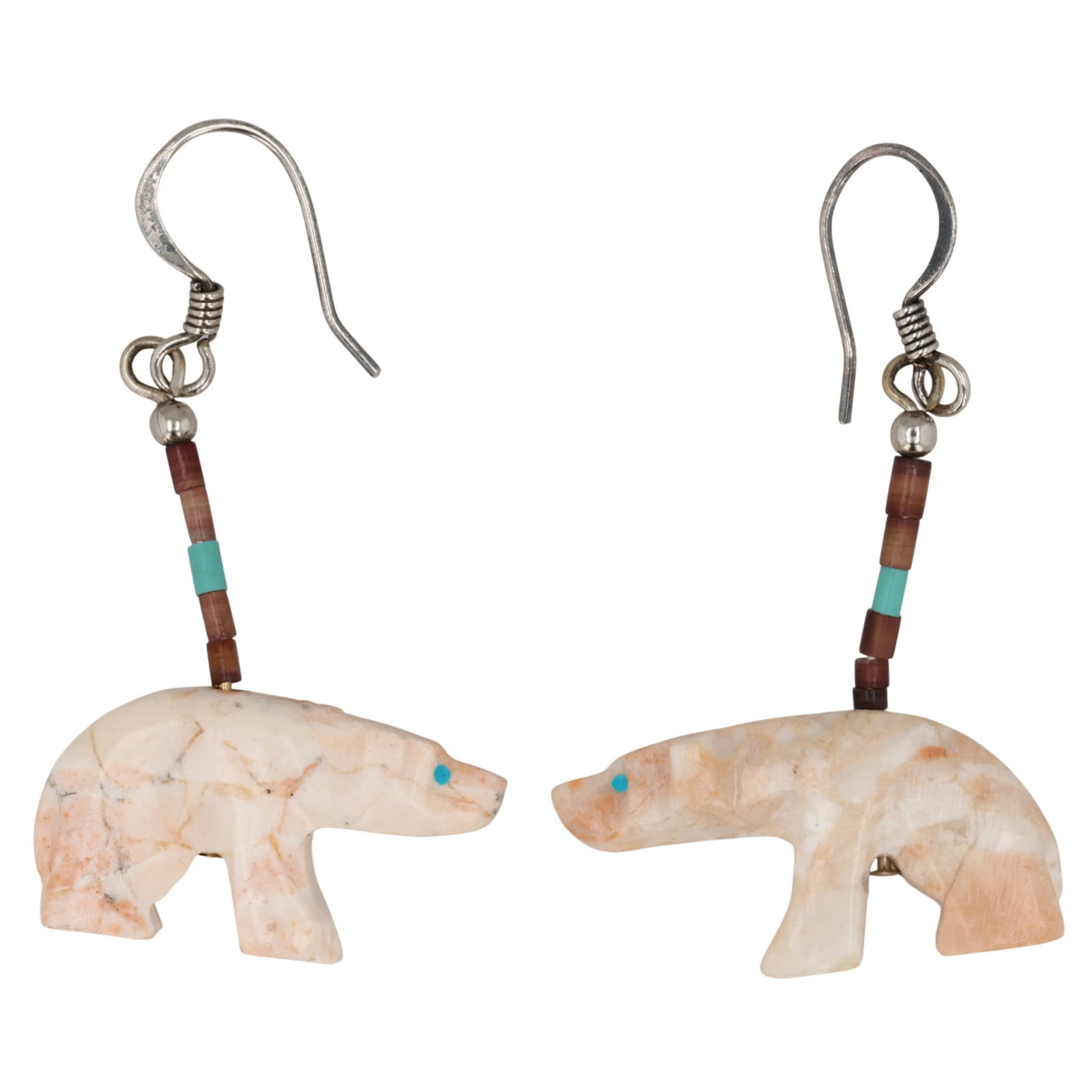 Navajo Sterling Multi-Stone Carved Bear Earrings: Navajo Sterling Multi-Stone Carved Bear Earrings / 6g / Shell, Block Turquoise, Agate?