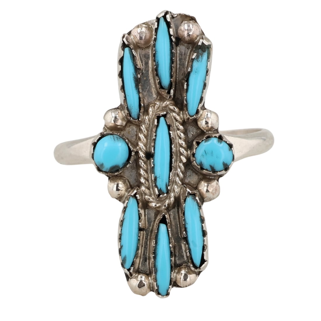 Zuni Sterling Turquoise Needlepoint Ring Sz 7.5: Zuni Sterling Turquoise Needlepoint Ring Sz 7.5 / 2.5g / Stones do not sit flush against settings in all spots. See photos.