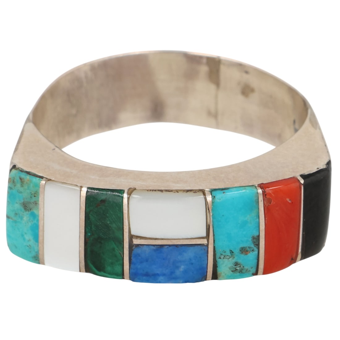 Verna Kanesta Zuni Sterling Multi-Stone Inlay Ring Sz 8.5: Verna Kanesta Zuni Sterling Multi-Stone Inlay Ring Sz 8.5 / 3.5g / Turquoise, Coral, Onyx, Denim Lapis Lazuli, Malachite, Mother of Pearl