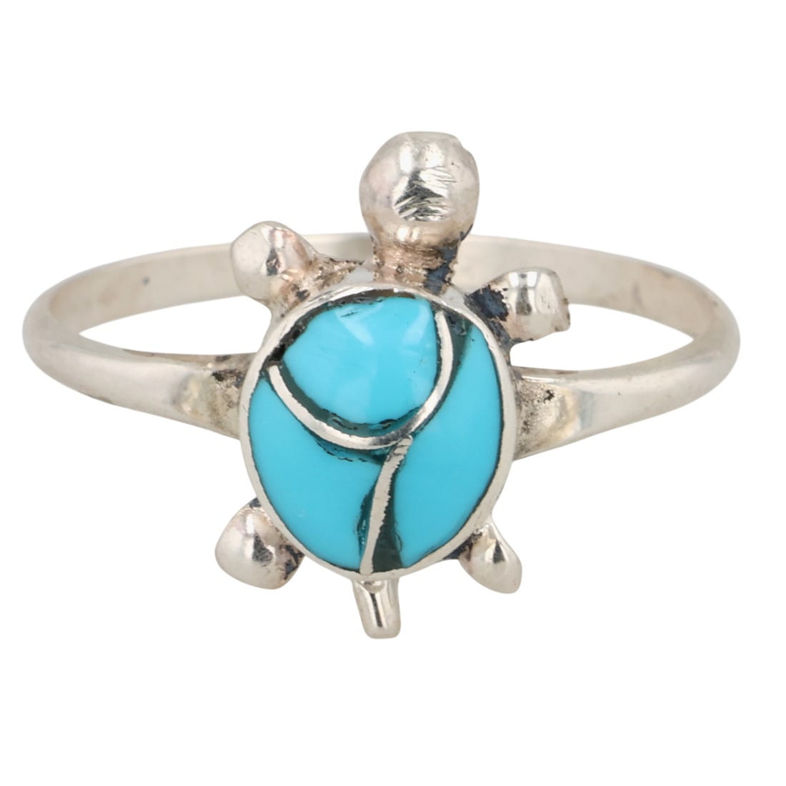 Chris Esalio Zuni Sterling Turquoise Inlay Turtle Ring Sz 5.25: Chris Esalio Zuni Sterling Turquoise Inlay Turtle Ring Sz 5.25 / 1g / Unsigned. Artist attribution based on accompanying tag.
