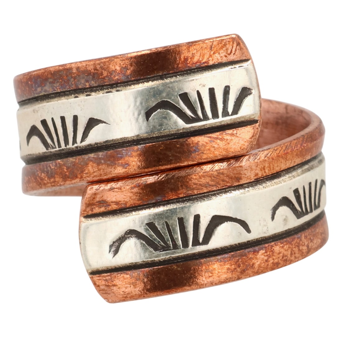 Wylie Secatero Navajo Sterling Copper Stamped Adjustable Ring: Wylie Secatero Navajo Sterling Copper Stamped Adjustable Ring Sz 8 / 7g / Unsigned. Artist attribution based on accompanying tag.