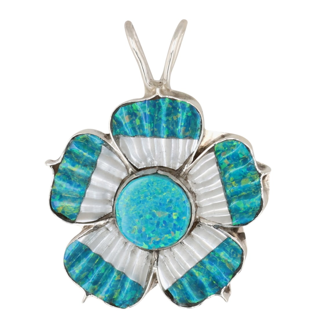 Erva Quam Zuni Sterling Multi-Stone Inlay Carved Flower Pendant: Erva Quam Zuni Sterling Multi-Stone Inlay Carved Flower Pendant / 3.5g / Opal, Mother of Pearl