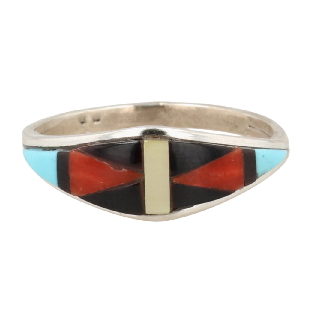 Tammie Qualo Zuni Sterling Multi-Stone Inlay Ring Sz 8.25: Tammie Qualo Zuni Sterling Multi-Stone Inlay Ring Sz 8.25 / 2g / Onyx, Coral, Turquoise, Mother of Pearl / Imperfection in left coral stone, see photos.