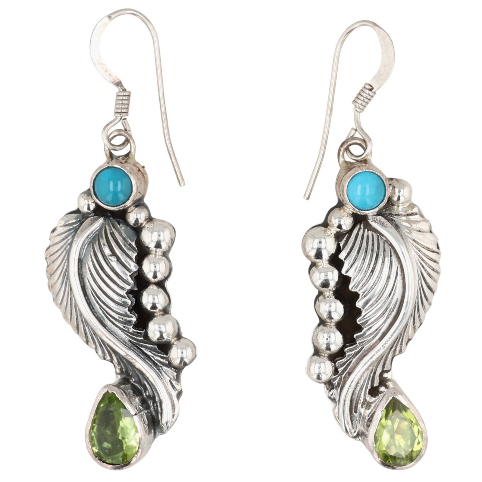 Mike Smith Navajo Sterling Peridot Turquoise Feather Earrings: Mike Smith Navajo for Running Bear Shop Sterling Peridot Turquoise Feather Earrings / 7.5g / Unsigned by artist. Artist attribution based on accompanying tag.