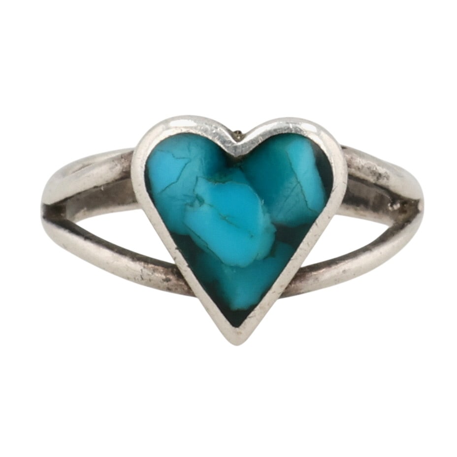 Southwest Sterling Turquoise Heart Ring Sz 5: Southwest Sterling Compressed Turquoise Heart Ring Sz 5 / 2.5g