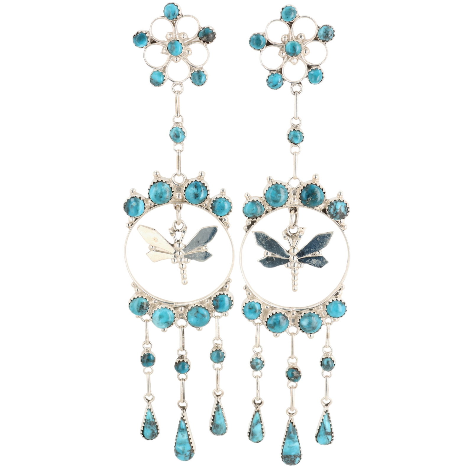 Bryant Othole & Vivianita Booqua Zuni Turquoise Dangle Earrings: Gorgeous! Bryant Othole & Vivianita Booqua Zuni Sterling Turquoise Dragonfly Dangle Earrings / 22.5g