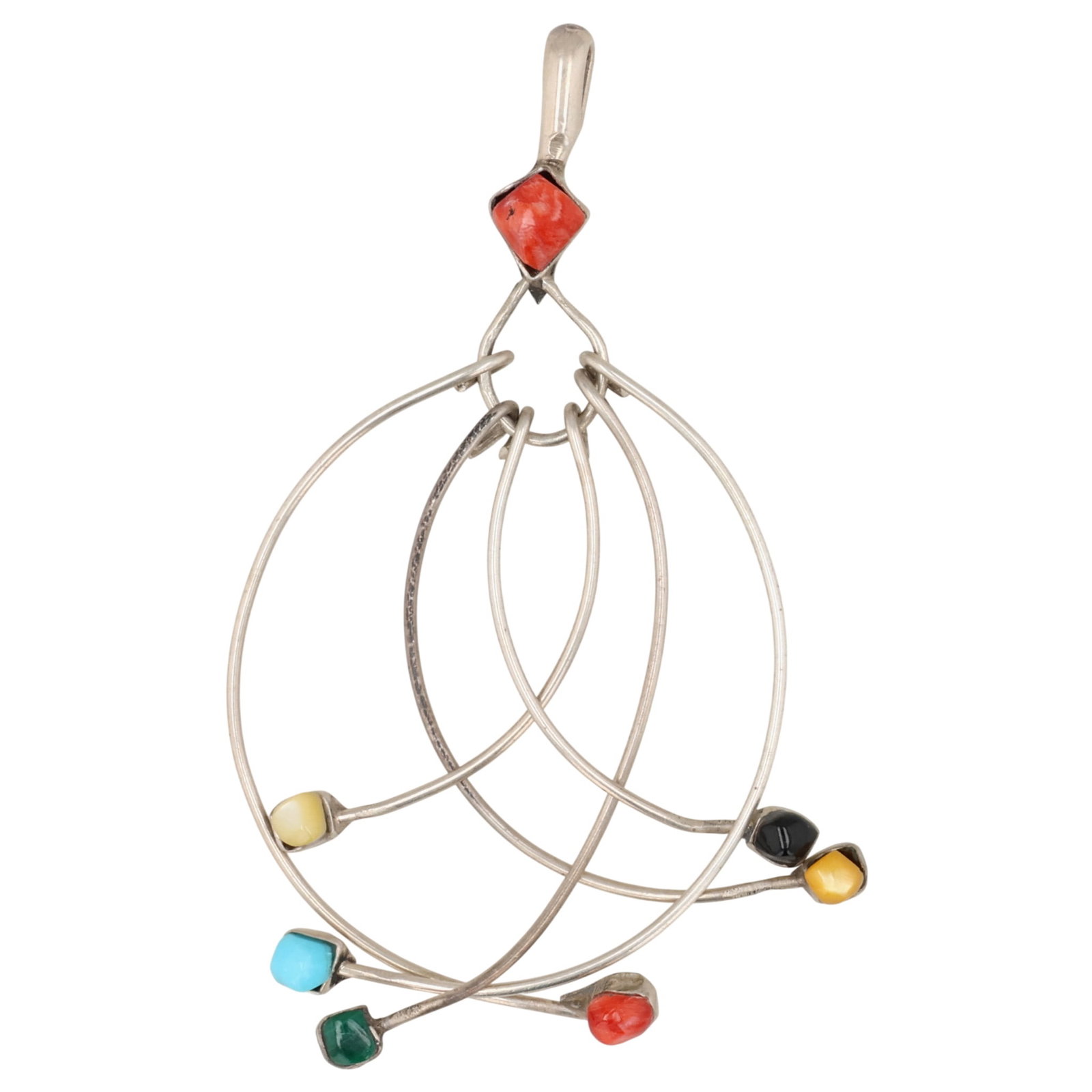 Southwest Sterling Multi-Stone Strand Pendant: Southwest Sterling Multi-Stone Strand Pendant / 3g / Mother of Pearl, Block Turquoise, Spiny Oyster, Onyx, Malachite