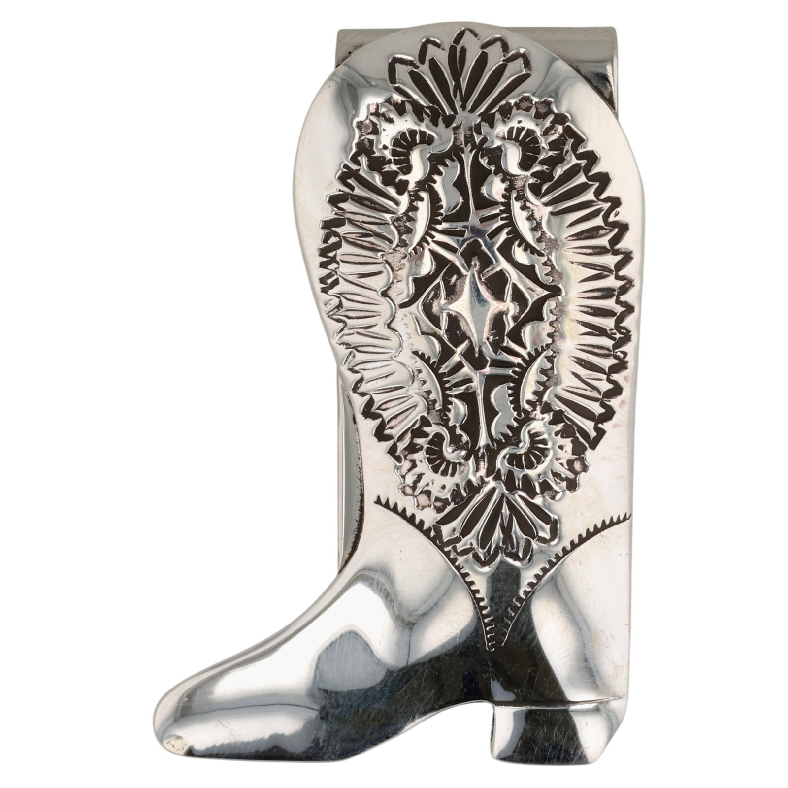 Shirley Skeets Navajo Sterling Stamped Cowboy Boot Money Clip: Shirley Skeets Navajo Sterling Stamped Cowboy Boot Money Clip / 21g / Unsigned. Artist attribution based on accompanying tag.