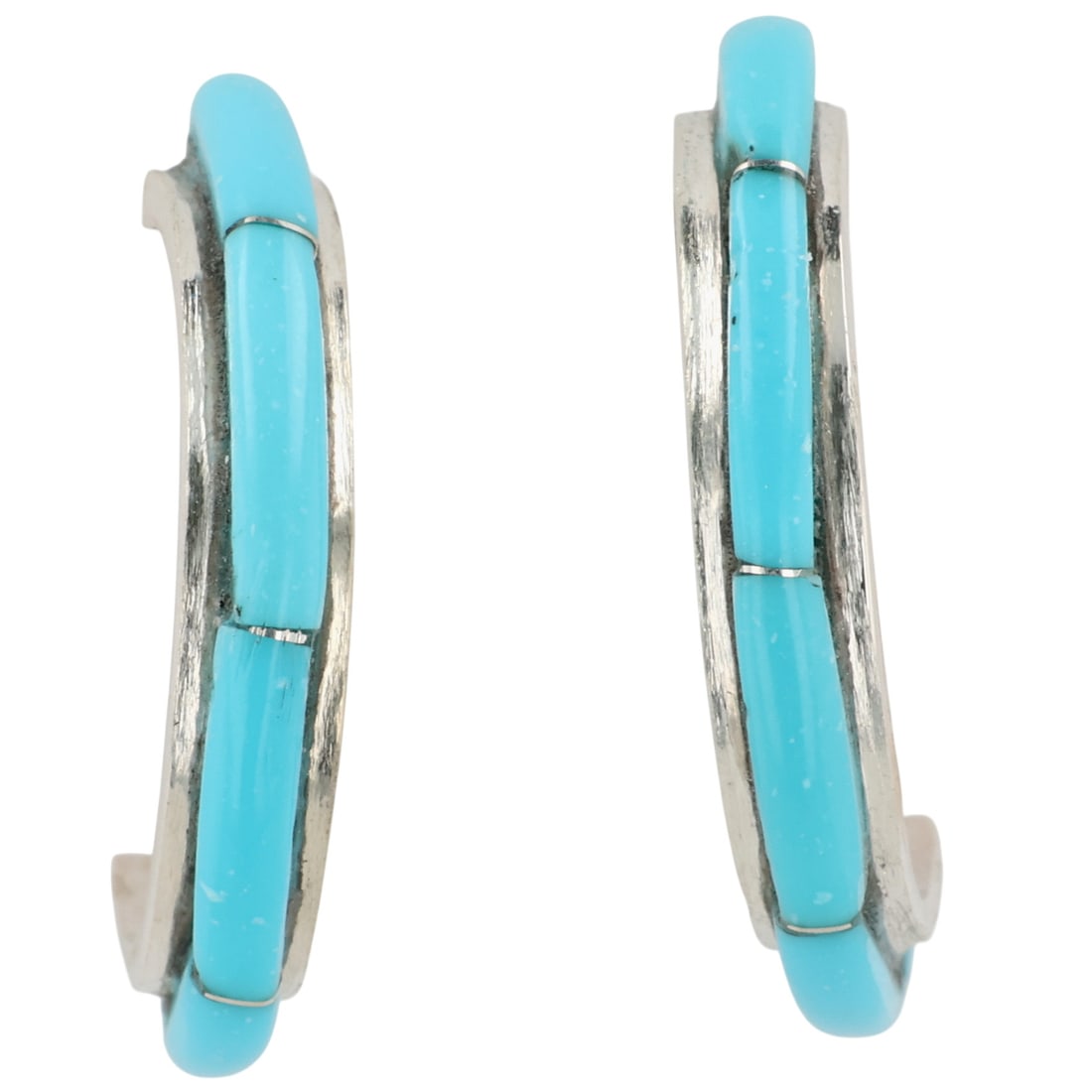Margarita Chuya Zuni Sterling Turquoise Inlay Earrings: Margarita Chuya Zuni Sterling Block Turquoise Inlay Earrings / 3g / Unsigned. Artist attribution based on accompanying tag.