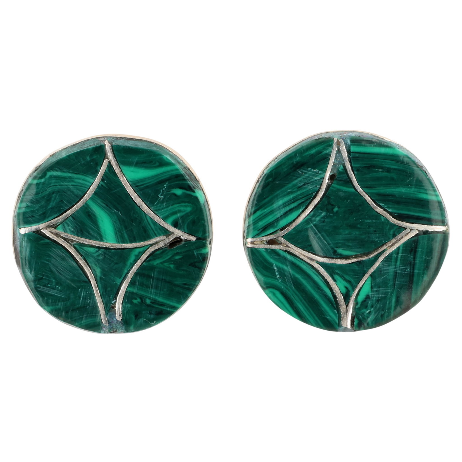 Karen Lalio Zuni Sterling Malachite Inlay Earrings: Karen Lalio Zuni Sterling Malachite Inlay Earrings / 3g / Unsigned. Artist attribution based on accompanying tag.