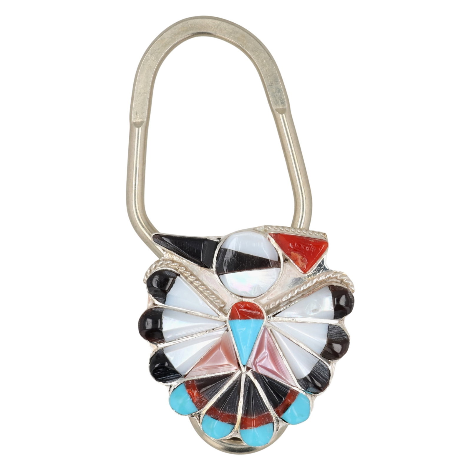 Sherry Nastacio Zuni Sterling Multi-Stone Thunderbird Keychain: Sherry Nastacio Zuni Sterling Multi-Stone Thunderbird Keychain / 12g / Mother of Pearl, Block Turquoise, Onyx, Coral