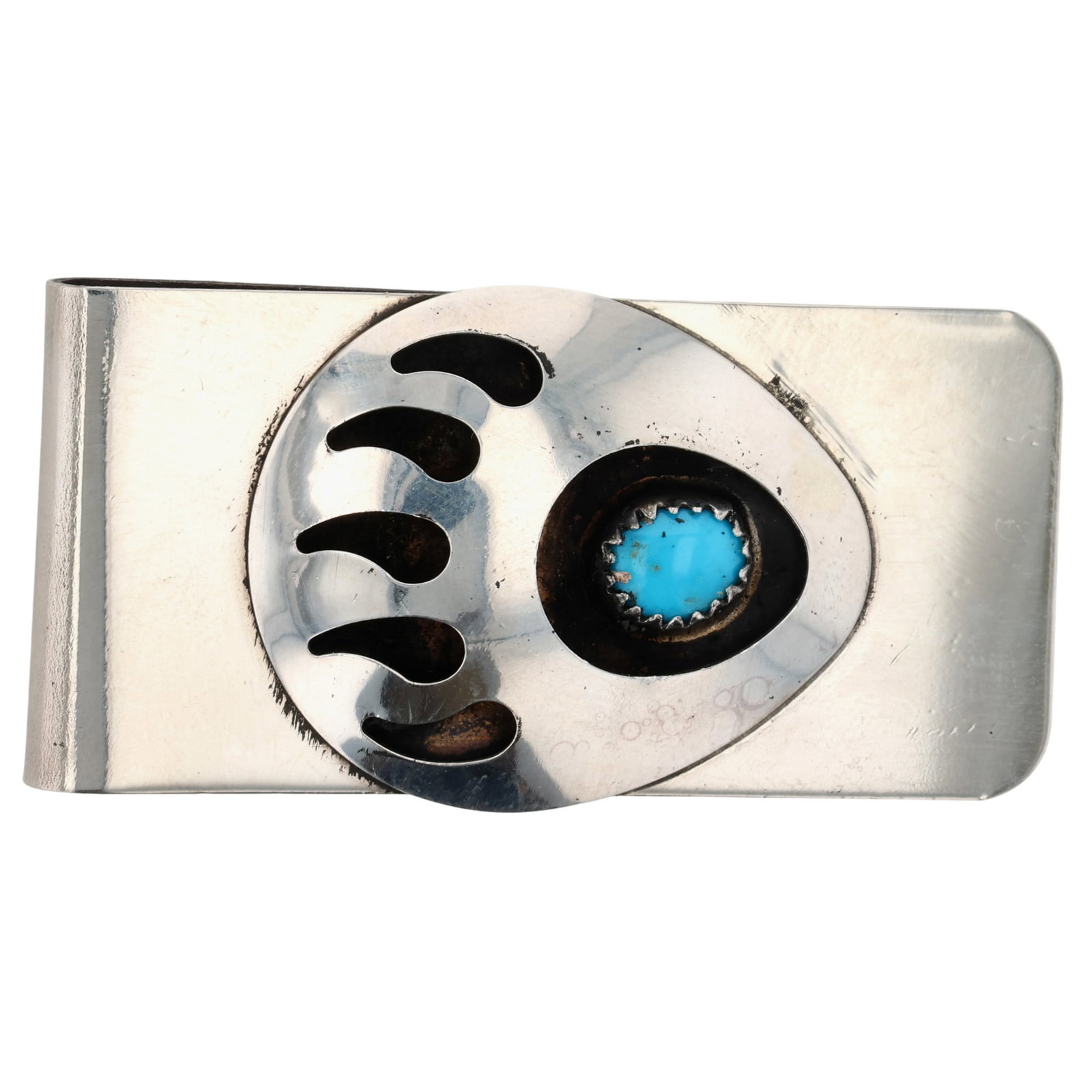 Virginia Long Navajo Sterling Turquoise Bear Paw Money Clip: Virginia Long Navajo Sterling Turquoise Bear Paw Money Clip / 20g / Unsigned. Artist attribution based on accompanying tag.