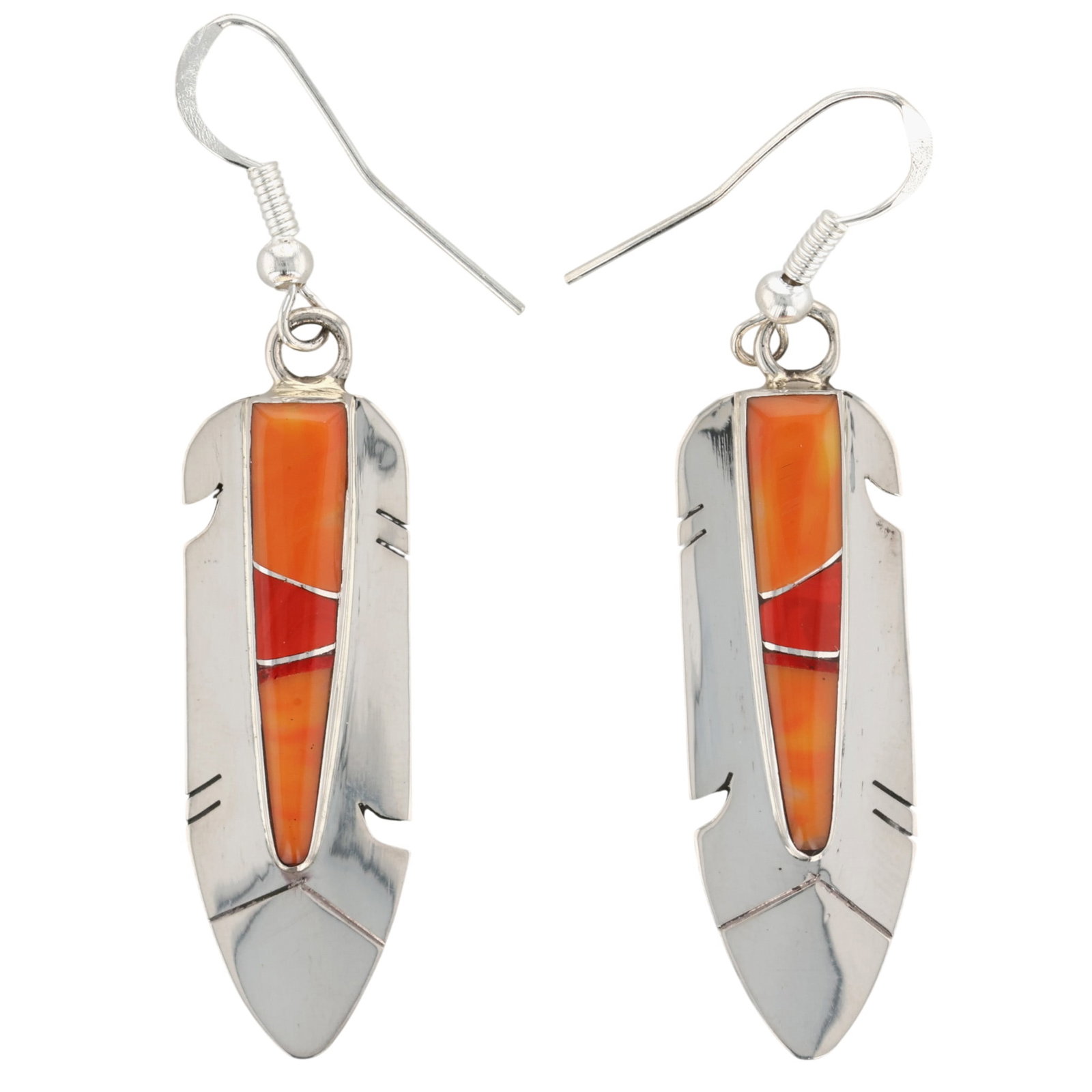 Mary Yazzie Navajo Sterling Coral Spiny Oyster Feather Earrings: Mary Yazzie Navajo Sterling Coral Spiny Oyster Feather Earrings / 5.5g