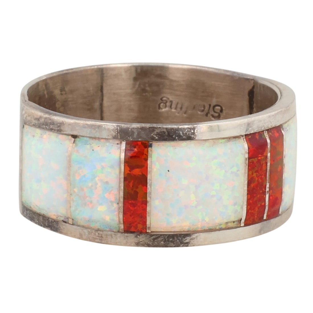 Bernard Cachini Zuni Sterling Opal Inlay Ring Sz 7.5: Bernard Cachini Zuni Sterling Opal Inlay Ring Sz 7.5 / 3.5g / Signed BJC. Artist attribution based on accompanying tag.