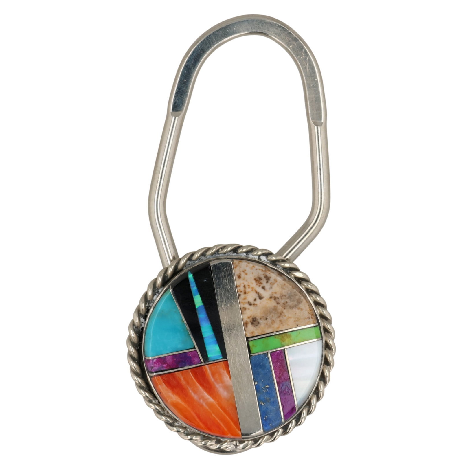 Arnold Yazzie Navajo Sterling Multi-Stone Inlay Keychain: Arnold Yazzie Navajo Sterling Multi-Stone Inlay Keychain / 14g / Opal, Jasper, Spiny Oyster, Turquoise, Mother of Pearl, Gaspeite, Onyx, Lapis Lazuli