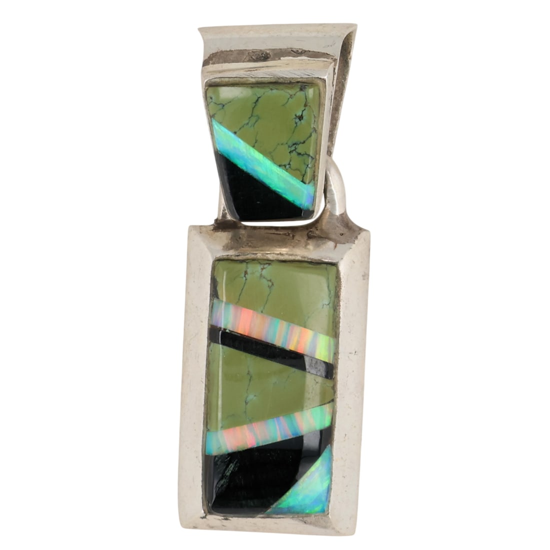 Signed Southwest Sterling Multi-Stone Inlay Pendant: Signed SRF Southwest Sterling Multi-Stone Inlay Pendant / 4g / Opal, Onyx, Hubei Turquoise