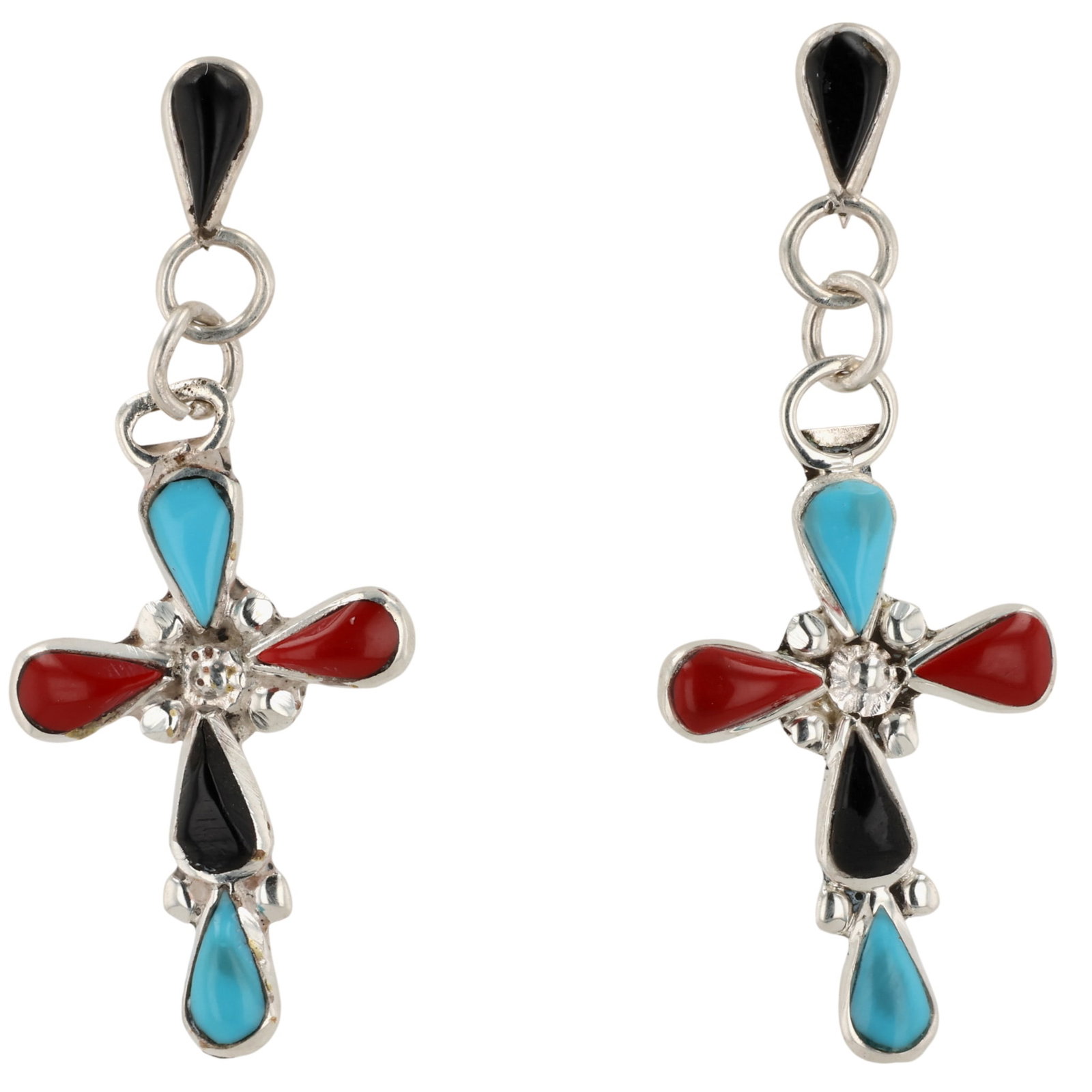 Cecilia Iule Zuni Sterling Multi-Stone Cross Earrings: Cecilia Iule Zuni Sterling Multi-Stone Cross Earrings / 3g / Block Coral, Turquoise, Onyx