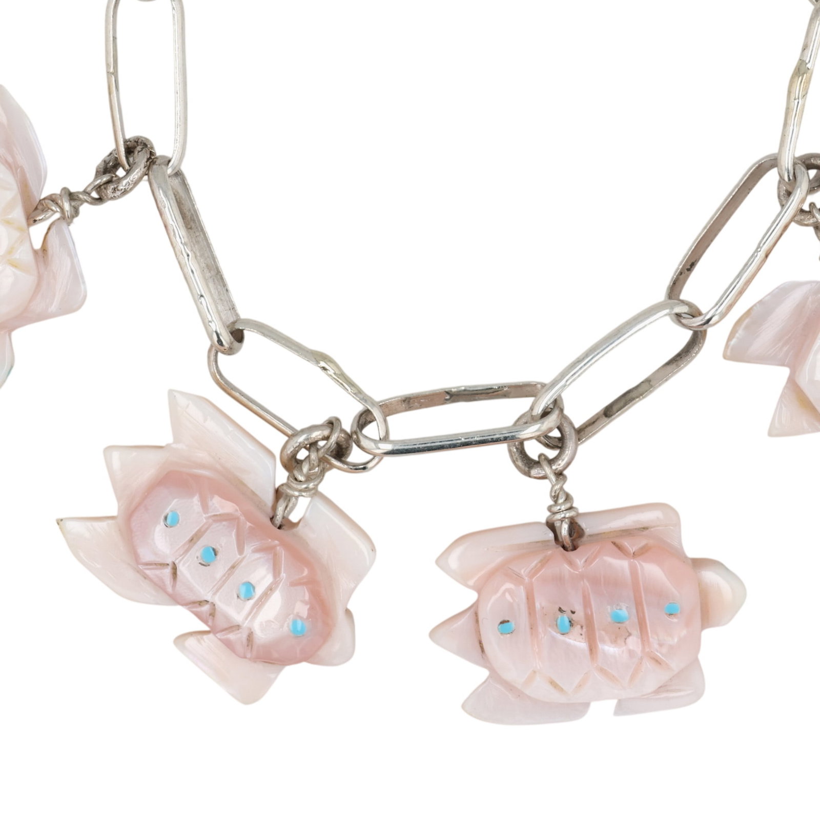 Signed Zuni Sterling Multi-Stone Inlay Turtle Charm Bracelet: Signed DL Zuni Sterling Multi-Stone Inlay Turtle Charm Bracelet / 20g / Mother of Pearl, Turquoise / Turtles possibly carved by Danny Lonjose, unable to confirm