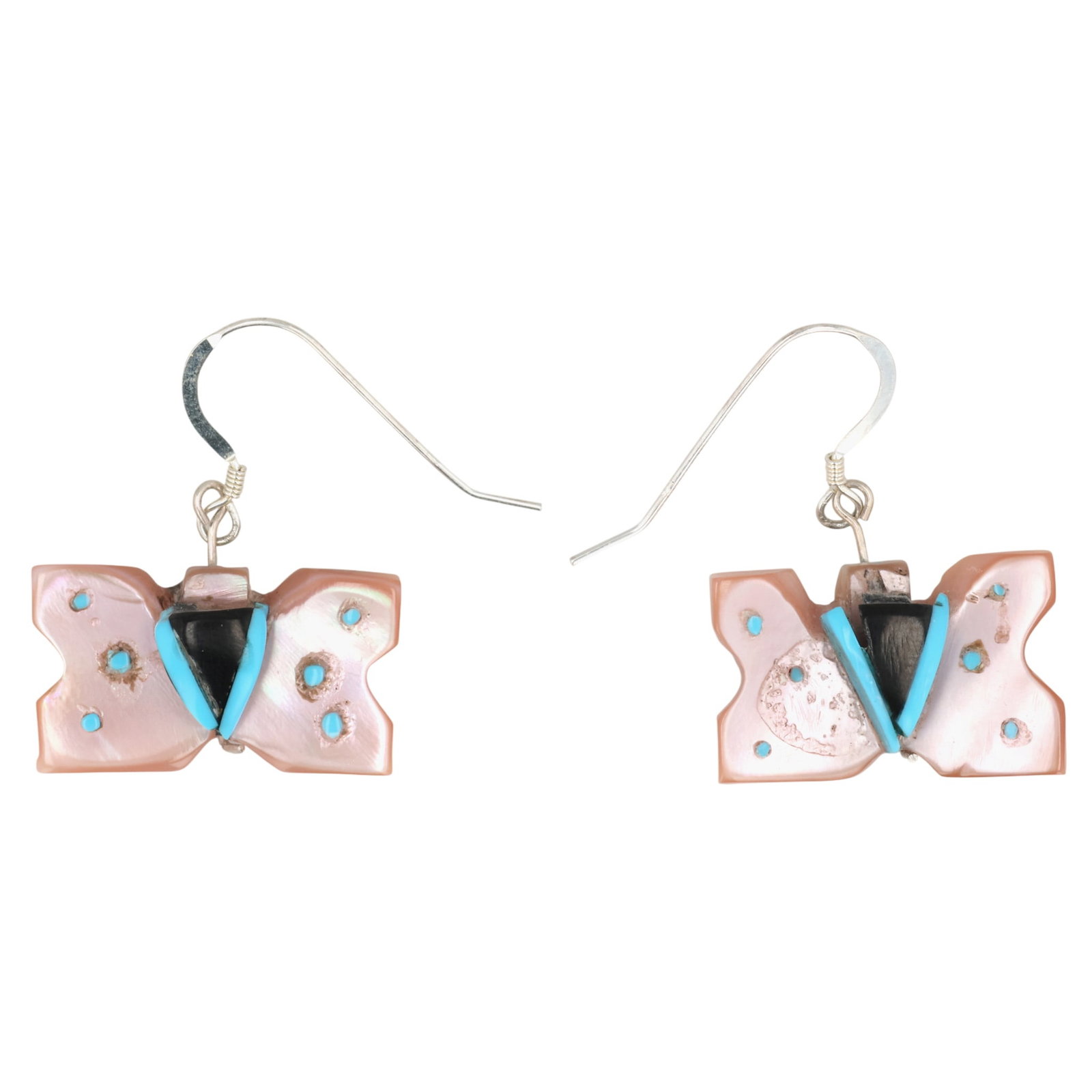 Danny Lonjose Zuni Sterling Multi-Stone Inlay Butterfly Earrings: Danny Lonjose Zuni Sterling Multi-Stone Inlay Butterfly Earrings / 5g / Mother of Pearl, Block Turquoise, Onyx / Unsigned. Artist attribution based on accompanying tag.