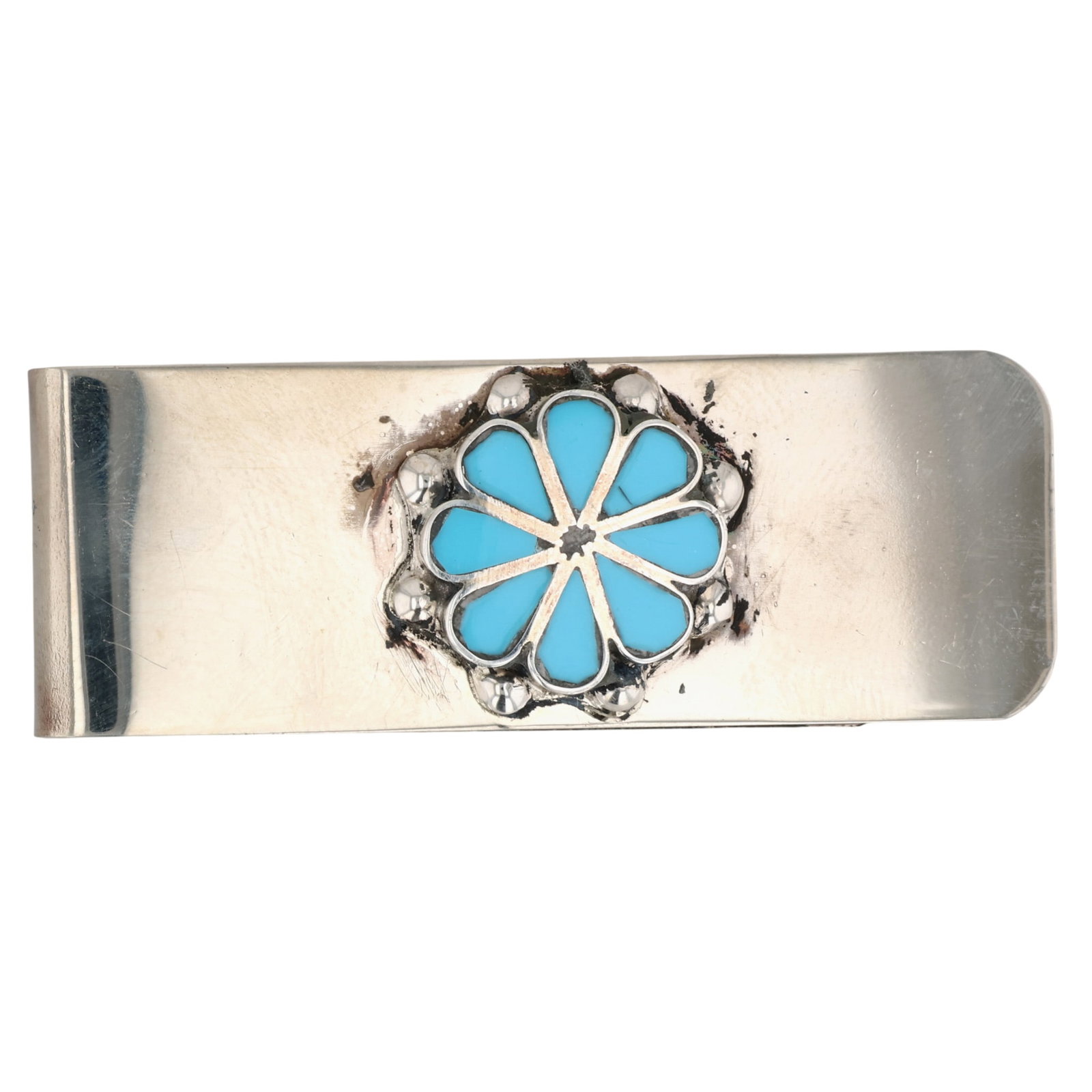 Pino Yunie Zuni Sterling Turquoise Inlay Money Clip: Pino Yunie Zuni Sterling Block Turquoise Inlay Money Clip / 16.5g / Scratch on inlay, see photos