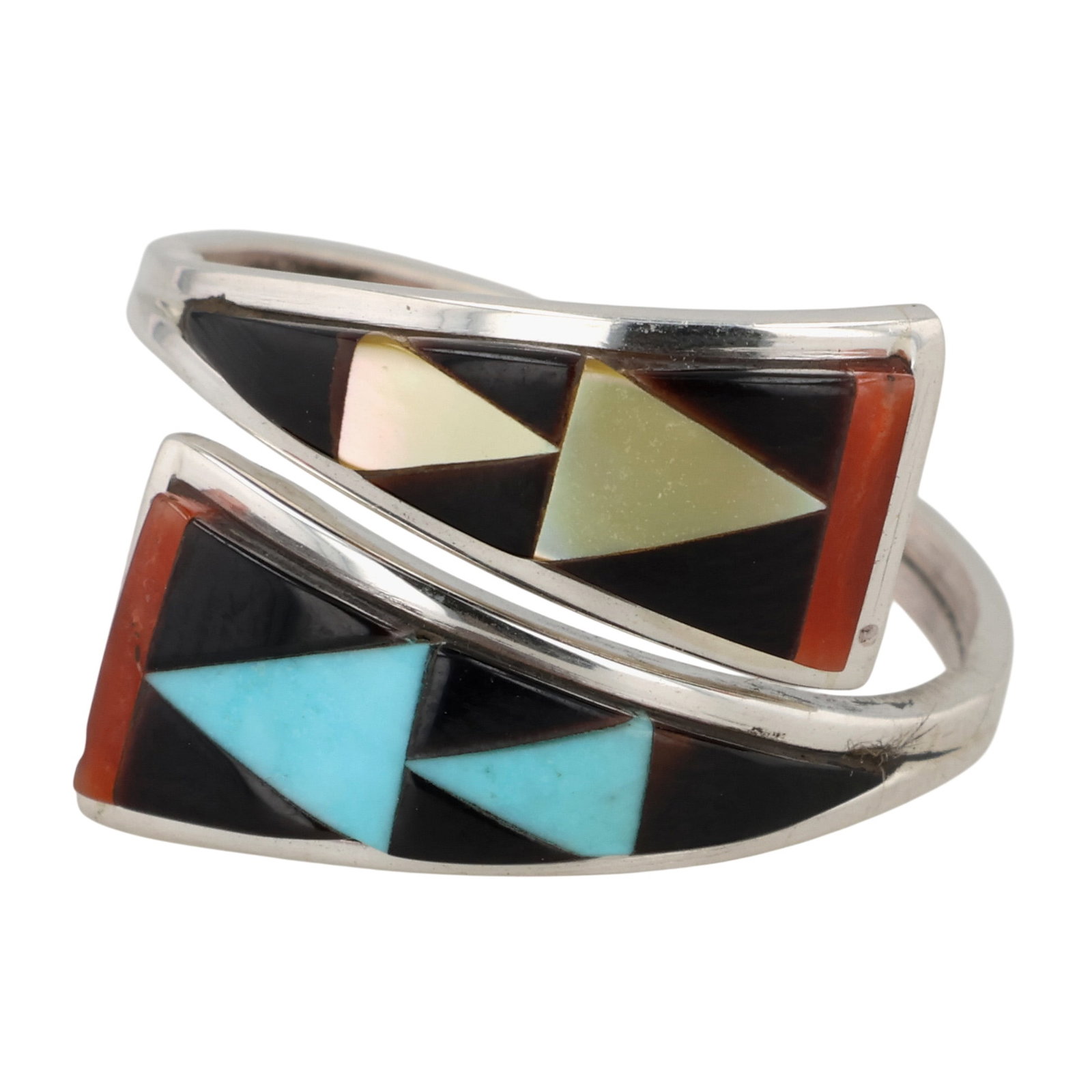 Cena Weebothee Zuni Sterling Multi-Stone Inlay Adjustable Ring: Cena Weebothee Zuni Sterling Multi-Stone Inlay Adjustable Ring Sz 6.75 / 2.5g / Onyx, Mother of Pearl, Turquoise, Coral
