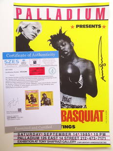 Andy Warhol and Jean-Michel Basquiat, hand signed poster with COA: Andy Warhol and Jean-Michel Basquiat, hand signed by Andy Waarhol, offset poster with COA, CA 45X30cm, hand signed by Andy Warhol. The work is accompanied by a certificate from a judicial expert who