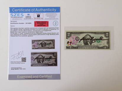 Andy Warhol, original dollar hand signed with COA: Andy Warhol, original dollar hand signed with COA. The work is accompanied by a certificate from a judicial expert who has reviewed this beautiful work of art.