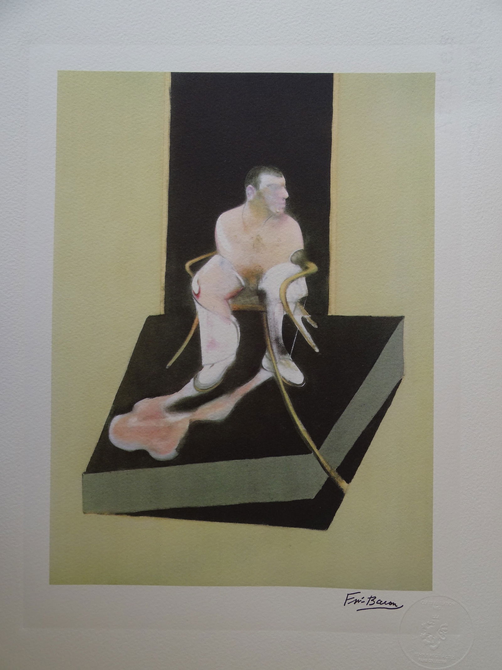 Francis Bacon: Francis Bacon, ca 38x28cm.Francis Bacon was an Irish-born British figurative painter known for his raw, unsettling imagery. Focusing on the human form, his subjects included crucifixions, portraits of