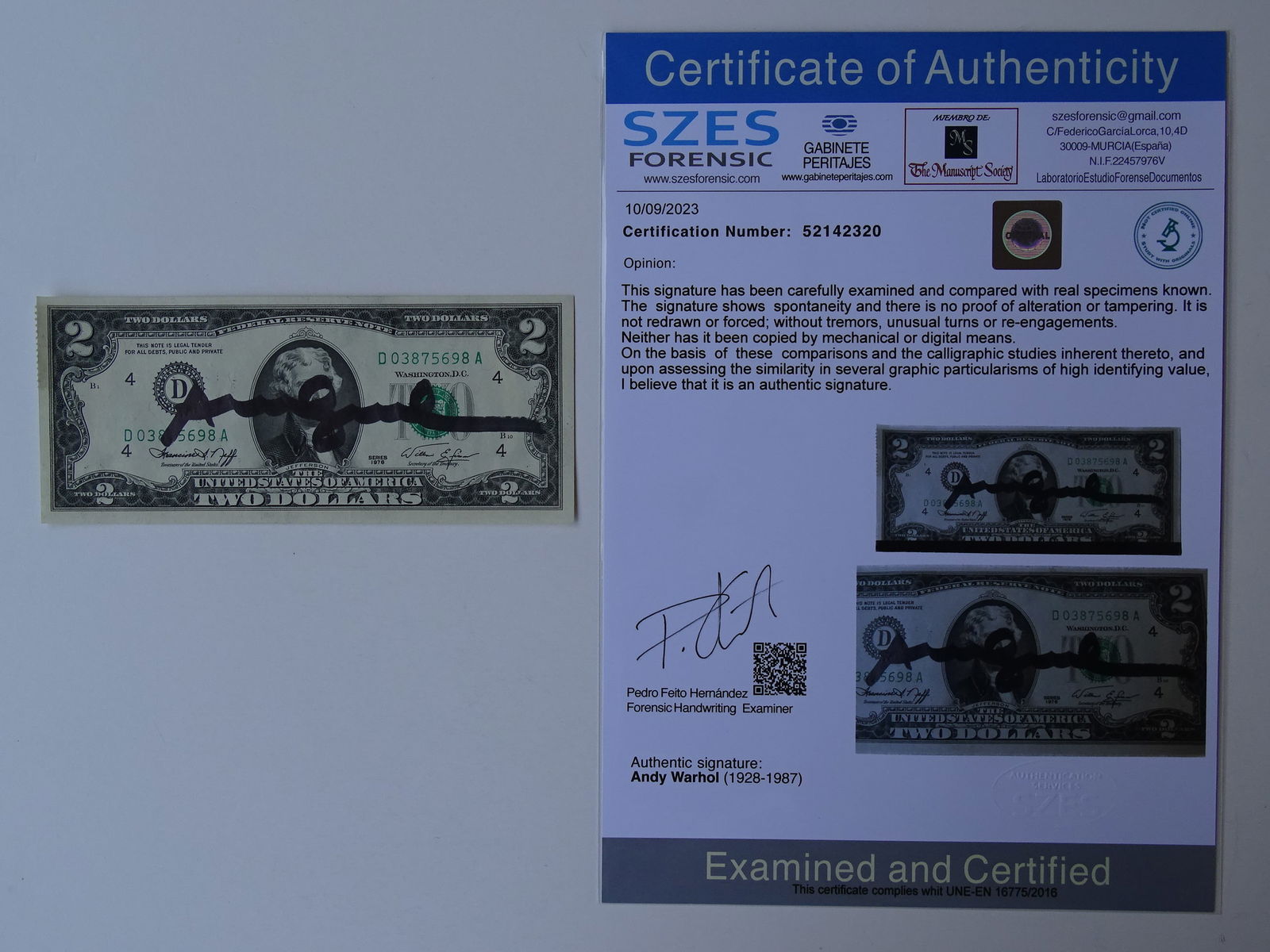 Andy Warhol, original dollar hand signed with COA (1 of 5)