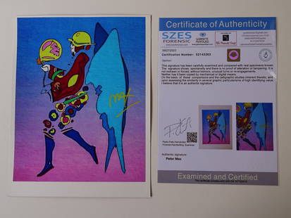 Peter Max, hand signed: Peter Max, hand signed with COA, offset print ca 35x28cm. The work is accompanied by a certificate from a judicial expert who has reviewed this beautiful work of art.