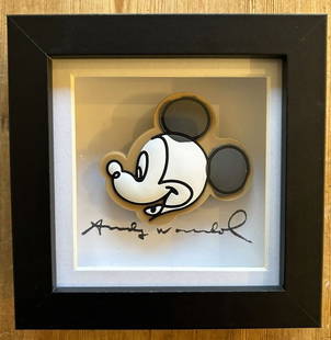 Andy Warhol “Signed?? Miniature 3D Mickey Mouse Deep Box Frame.: Andy Warhol “Signed” Miniature 3D floating Mickey Mouse in a deep box frame.Floating 2.5” MM rubber head in black box frame measuring 12cm x 13cm, aperture 7.5cm x 7.5cm and a depth of