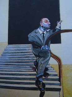 Francis Bacon: Francis Bacon, ca 38x28cm.Francis Bacon was an Irish-born British figurative painter known for his raw, unsettling imagery. Focusing on the human form, his subjects included crucifixions, portraits of