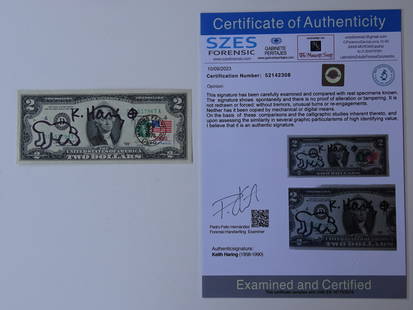 Keith Haring, hand signed dollar: Keith Haring, original dollar hand signed with COA. The work is accompanied by a certificate from a judicial expert who has reviewed this beautiful work of art.