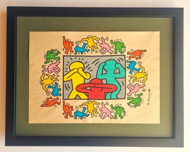 Keith Haring hand drawing and signed: Drawing ATTRIBUTED to Keith Haring l, handmade and hand signed. Measurements: 21cm x 29.5cm.inches: 8.26" x 11.61".With frame .