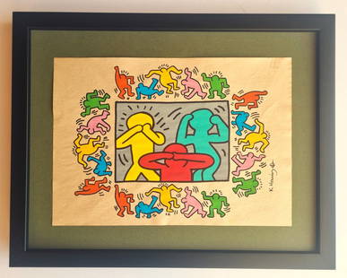 Keith Haring  hand drawing  and signed: Drawing ATTRIBUTED to Keith Haring l, handmade and hand signed. Measurements: 21cm x 29.5cm.inches: 8.26" x 11.61".With frame .