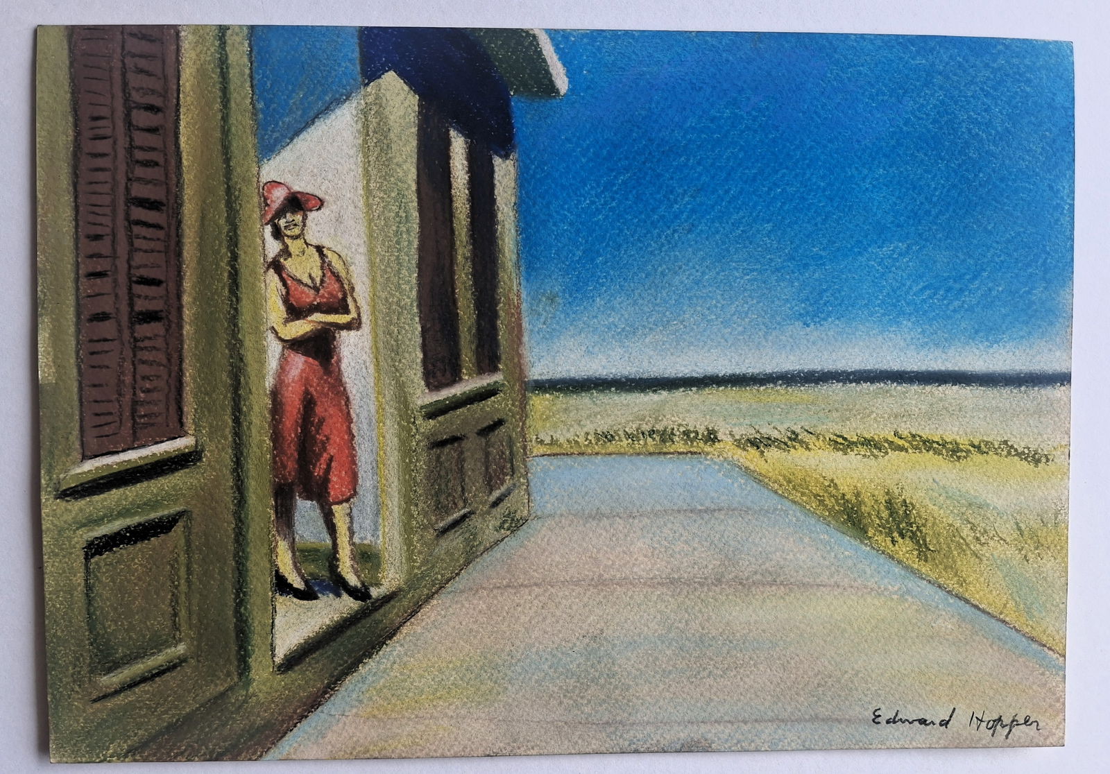 Edward Hopper Drawing on antique handmade paper signed: Drawing style to Edward Hopper , handmade and hand signed. Measurements: 21cm x 29.5cm.inches: 8.26" x 11.61".With frame .Without documentation. The drawing is being sold after and in the style or man