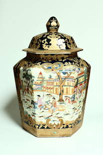 A Qing Dynasty 18th century export hexagonal jar: Qing Dynasty 18th century export hexagonal jar, large size, decorated with famille rose hunting scenes, and with intricate gilt. No identical or similar objects have been found in previous publication