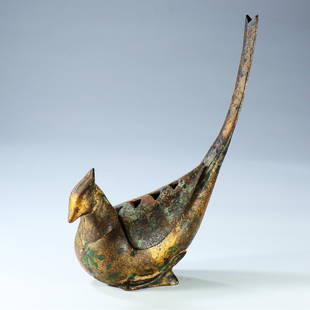 A bronze bird-shaped incense burner: A bronze bird-shaped incense burner, gilt bronze, probably 14th century or earlier.