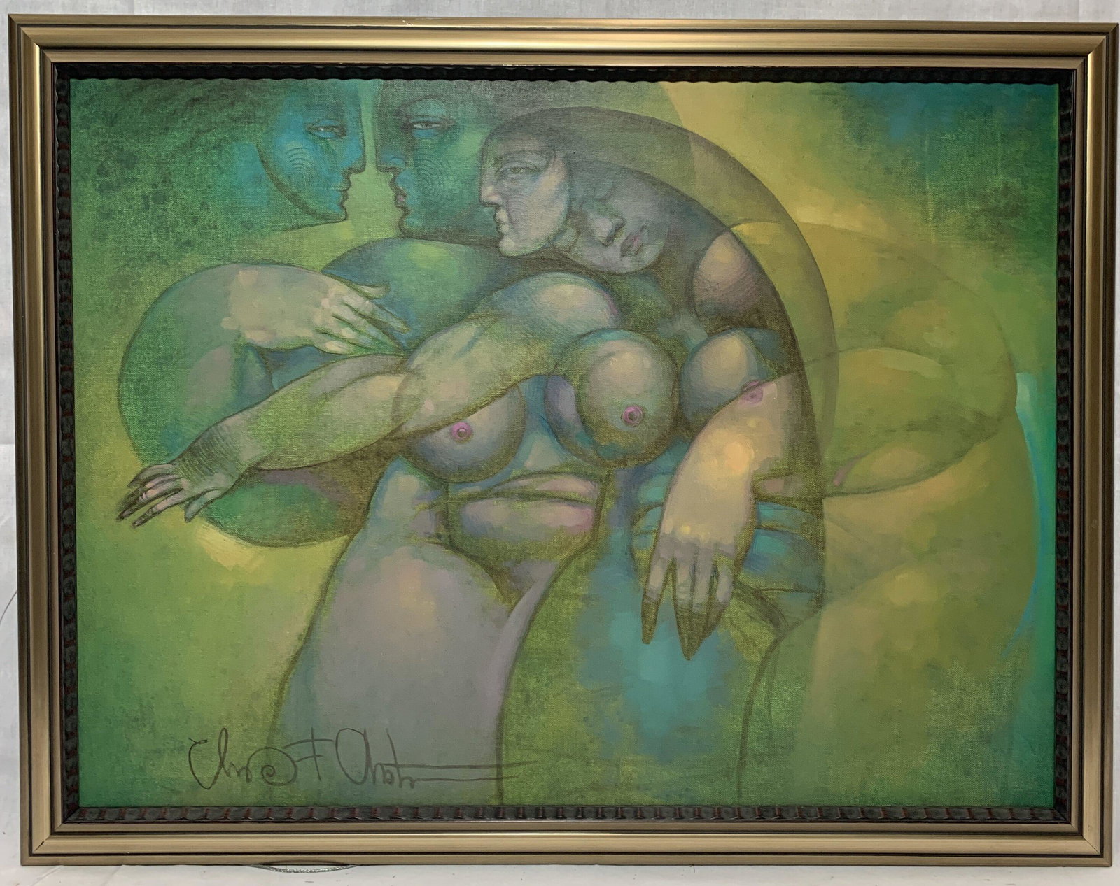 Surrealist Oil Painting on Canvas (20th/21st c.): Nude Oil Painting on Canvas by Cuban Artist (20th/21st C.) Signed lower left-hand corner. It measures 23 1/2 x 31 1/2 in. sight size, w/frame 27 1/4 x 35 1/2 in.