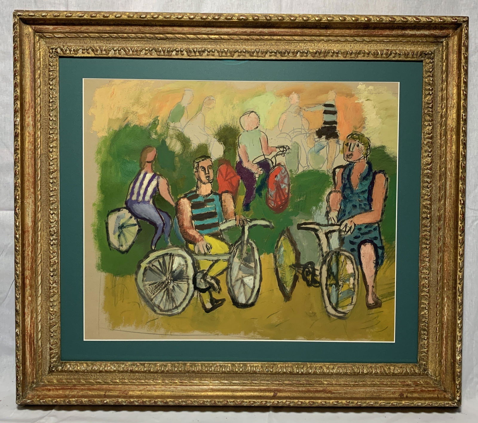 Abbott Pattison, Illinois (1916-1999) Watercolor: A watercolor on paper of "Bicyclists" by artist Abbott Pattison. It measures 22 1/2 x 18 1/2 in. sight size, w/frame 28 x 32 in.