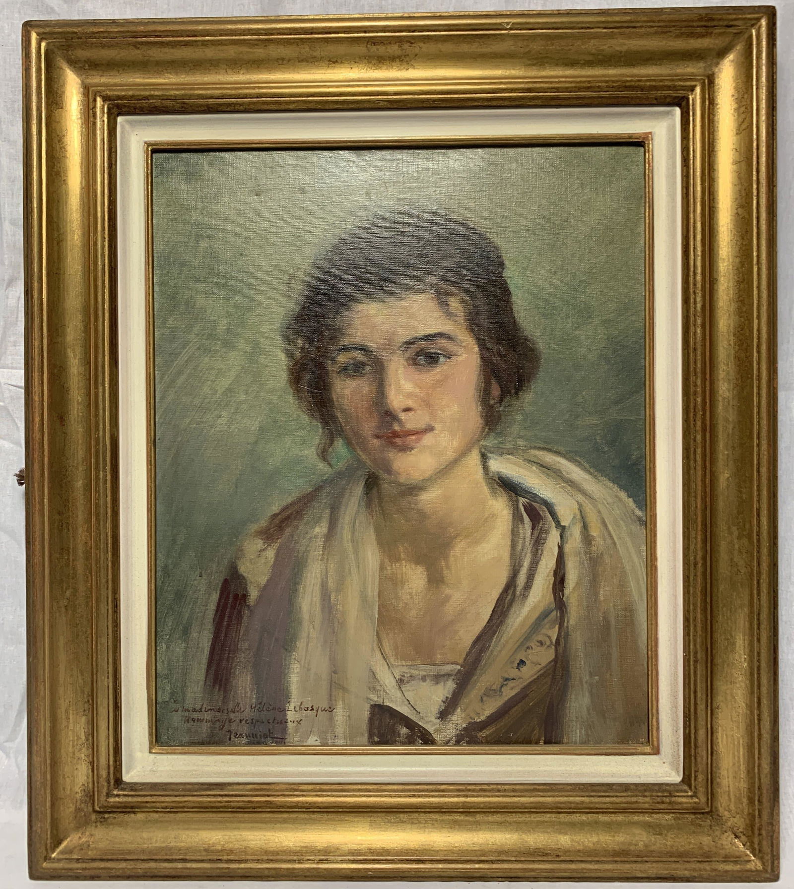 Pierre G. Jeanniot, French 1848-1937 Nona Lebasque: An Oil on Canvas by artist Pierre Georges Jeanniot of a Portrait of Helene Lebasque (Nona), daughter of Henri Lebasque, inscribed. It measures 18 1/4 x 15 in. sight size, w/frame 24 1/4 x 21 in.