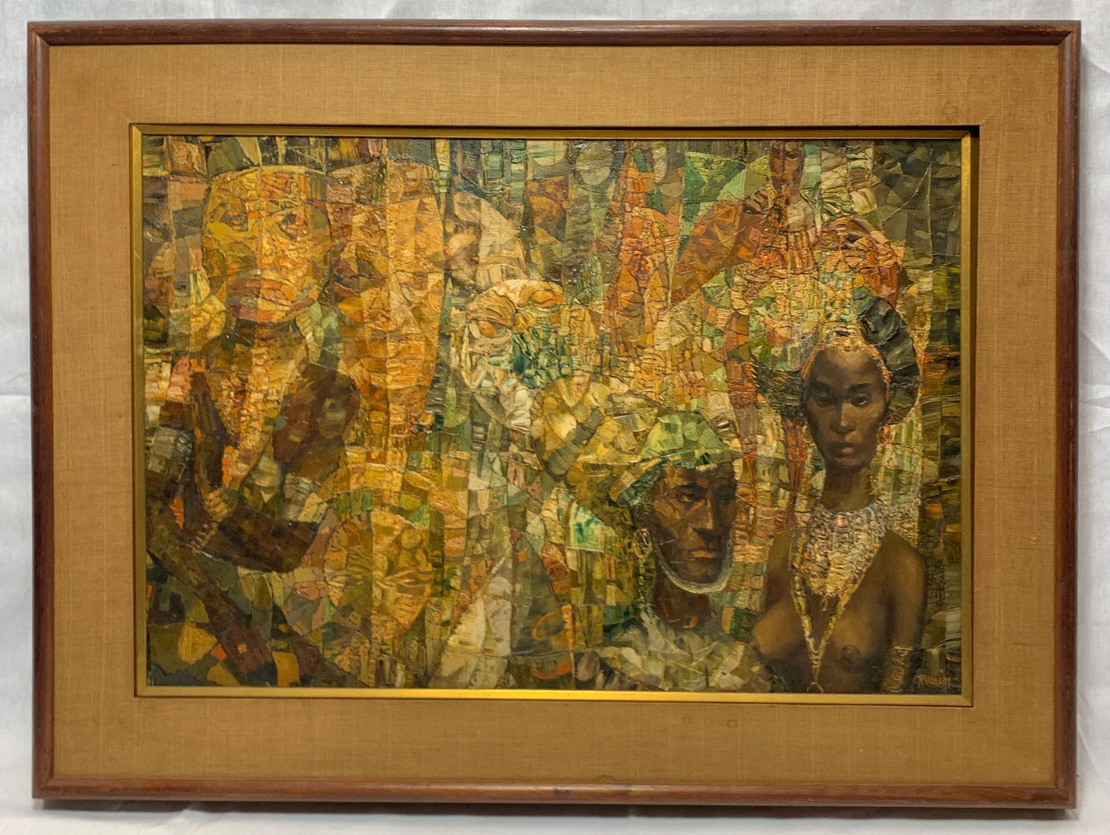 Robert Russin, New York/Wyoming (1914-2007): Oil on Canvas, African Scene, by artist Robert Russin titled "African Fantasy". It measures 19 1/2 x 28 1/2 in. sight size w / frame 27 x 36 in.
