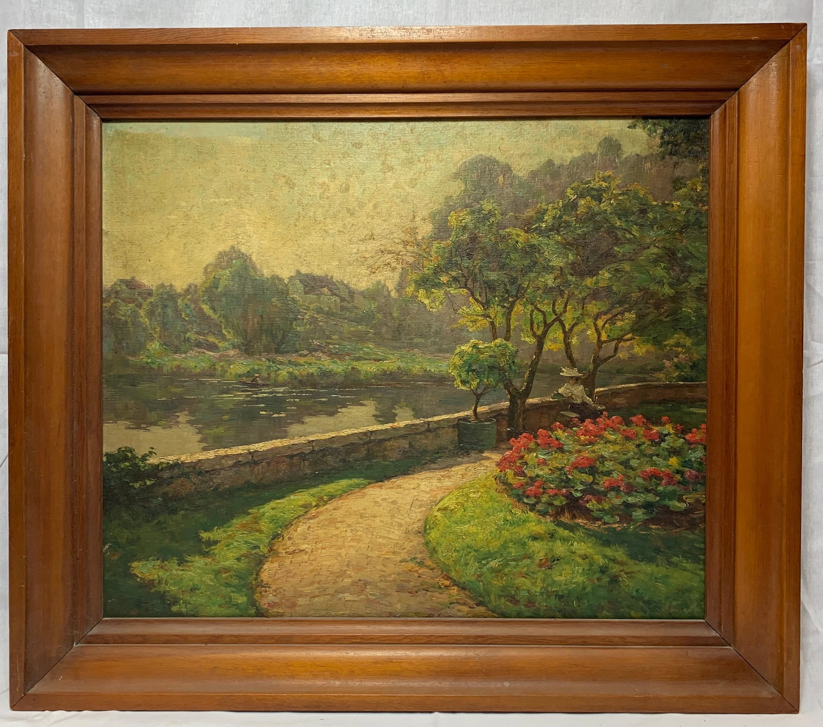 Ernest Gaston Marche, France (1864-1932) Oil on Canvas: A painting of a Path along the River by artist Ernest Gaston Marche. It measures 21 1/4 x 25 1/2 in. sight size, w/ frame 27 x 31 in.