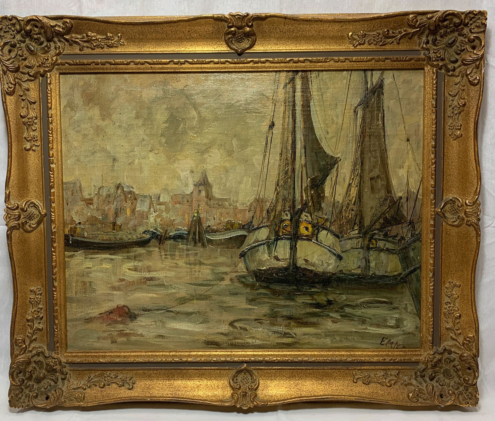 E. Esler, Circa 1940, Harbor Scene, Oil on Canvas (1 of 5)
