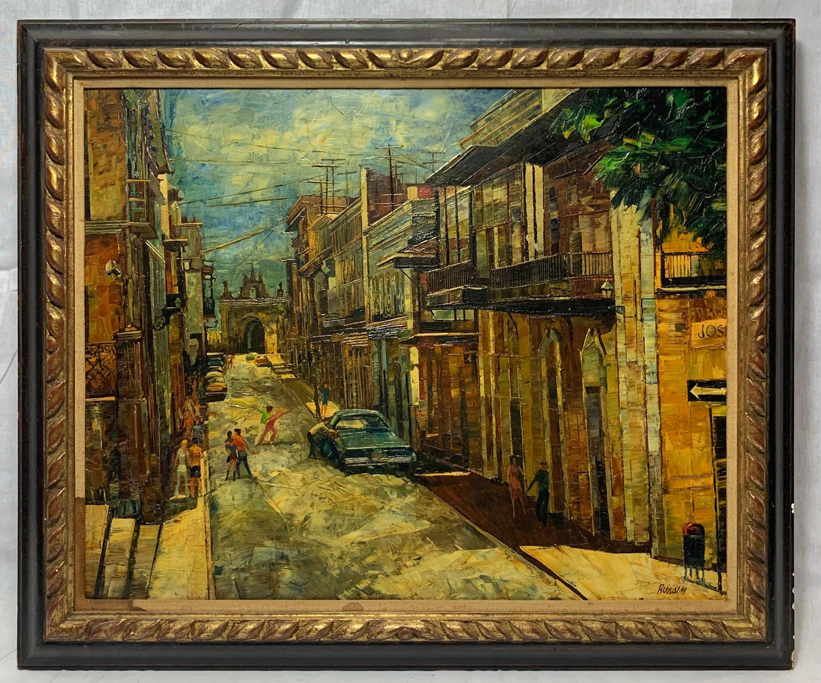 Robert Russin, New York (1914-2007) Oil on Board: A Cityscape painting by artist Robert Russin. It measures 19 x 23 in. sight size, w/ frame 22 3/4 x 27 1/4 in.