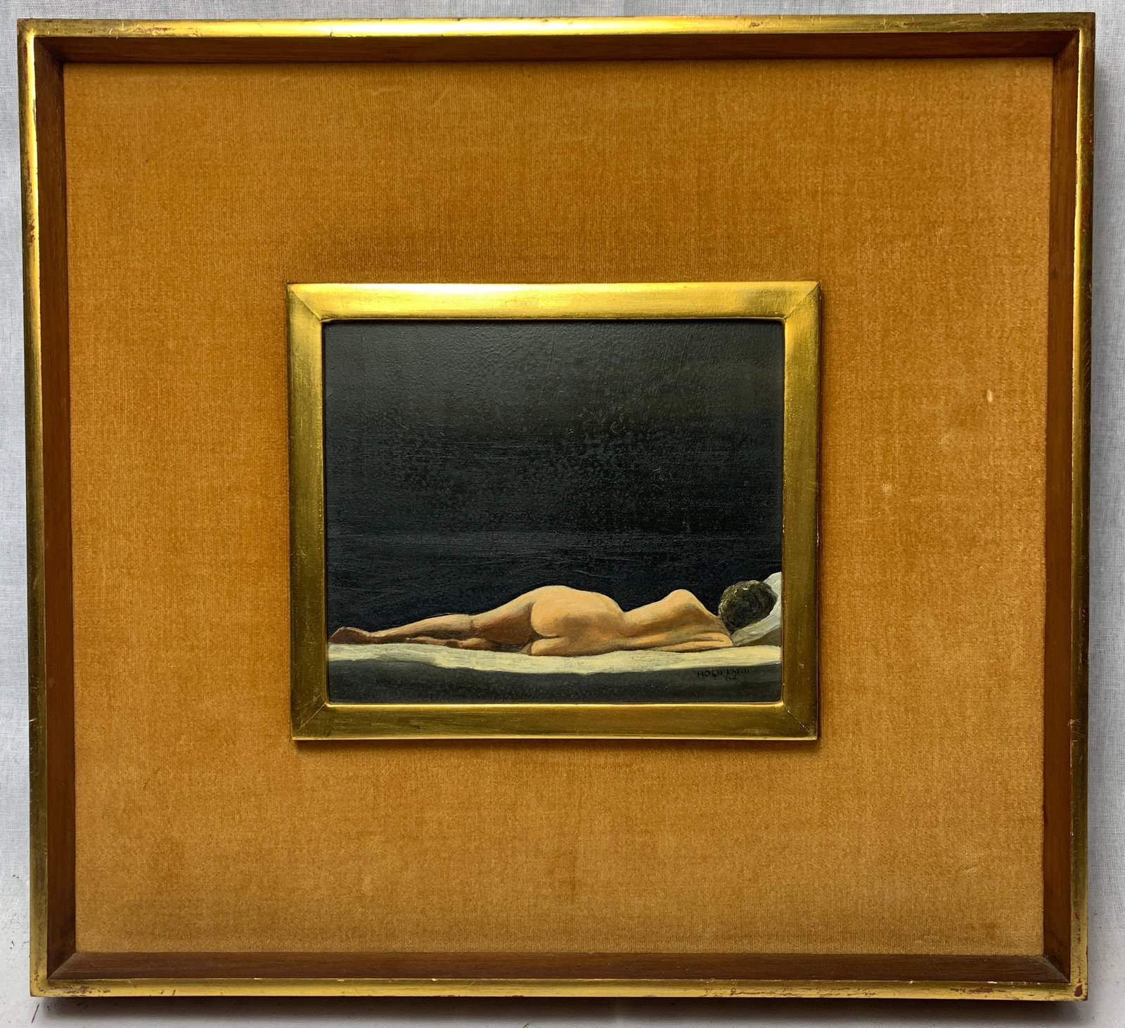 John Hochland, American (1921-2011) Oil on masonite.: A reclining nude painting of a woman by artist John Hochland. It measures 5 x 6 in. sight size, w/ frame 12 1/4 x 13 1/4 in.