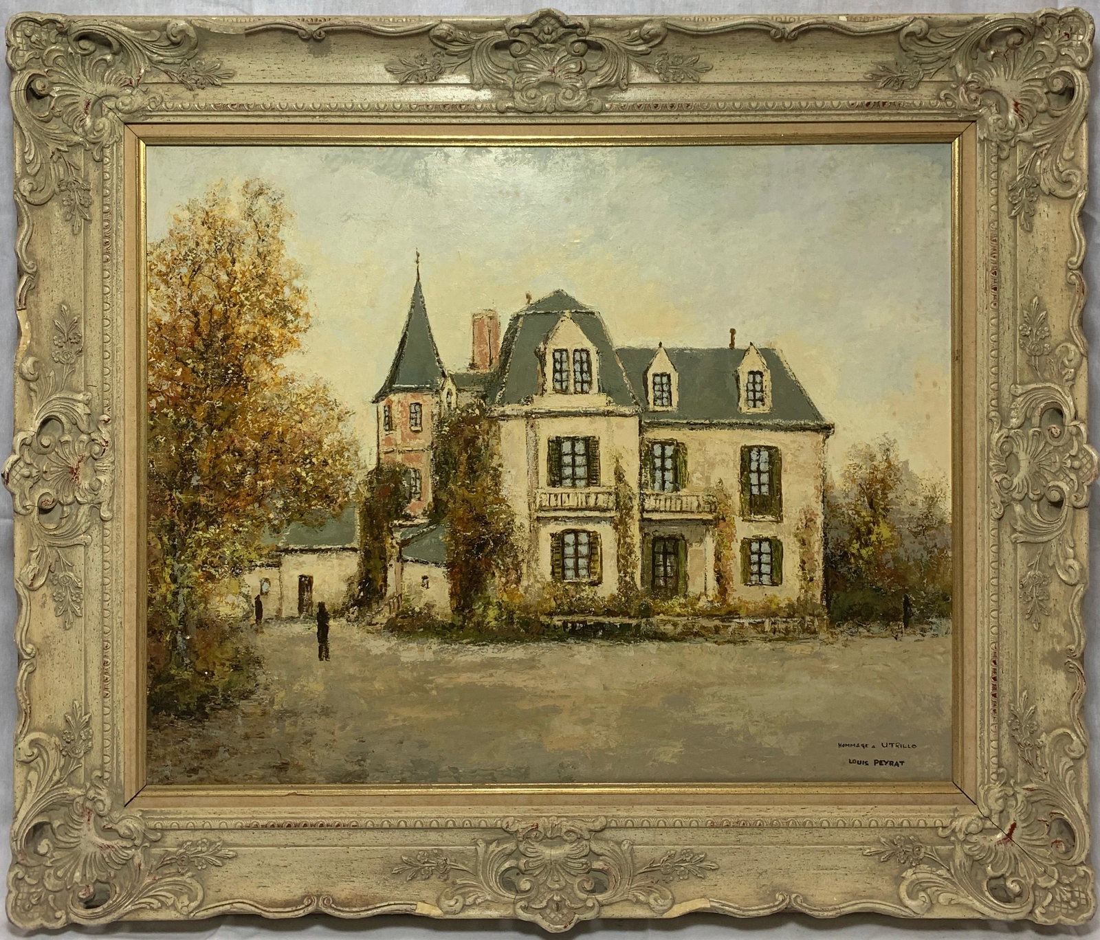Louis Peyrat, France (1911-2001) "Homage to Utrillo": Oil on Canvas of a French Tudor by artist Louis Peyrat. It measures 24 x 30 in sight size, w/ frame 33 x 39 in.