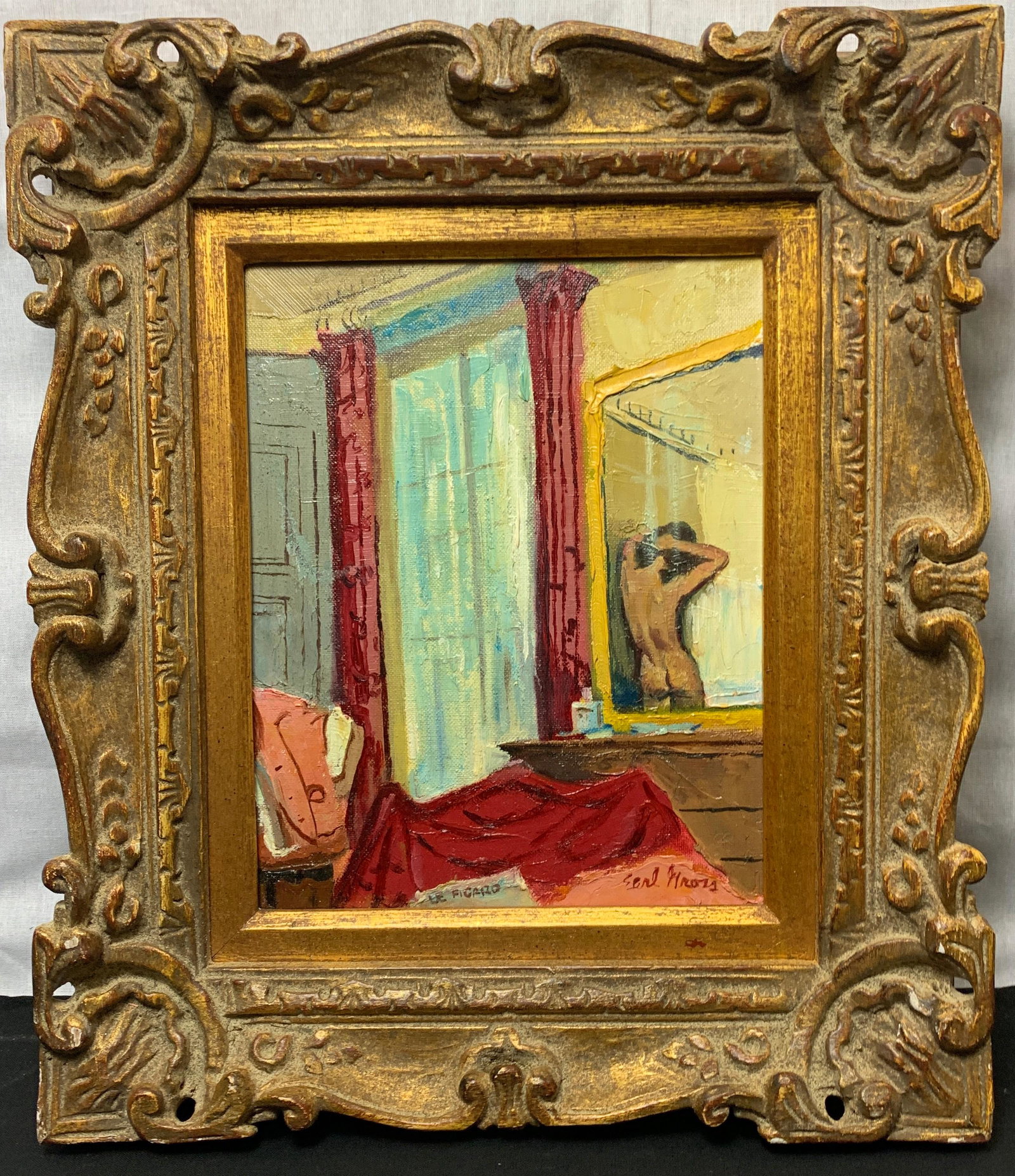 Earl Clifford Gross, Illinois (1899-1993) Oil on Board: An Oil painting of a nude woman in her bedroom. It measures 10 x 8 in. sight size, w/ frame 15 x 13 in.