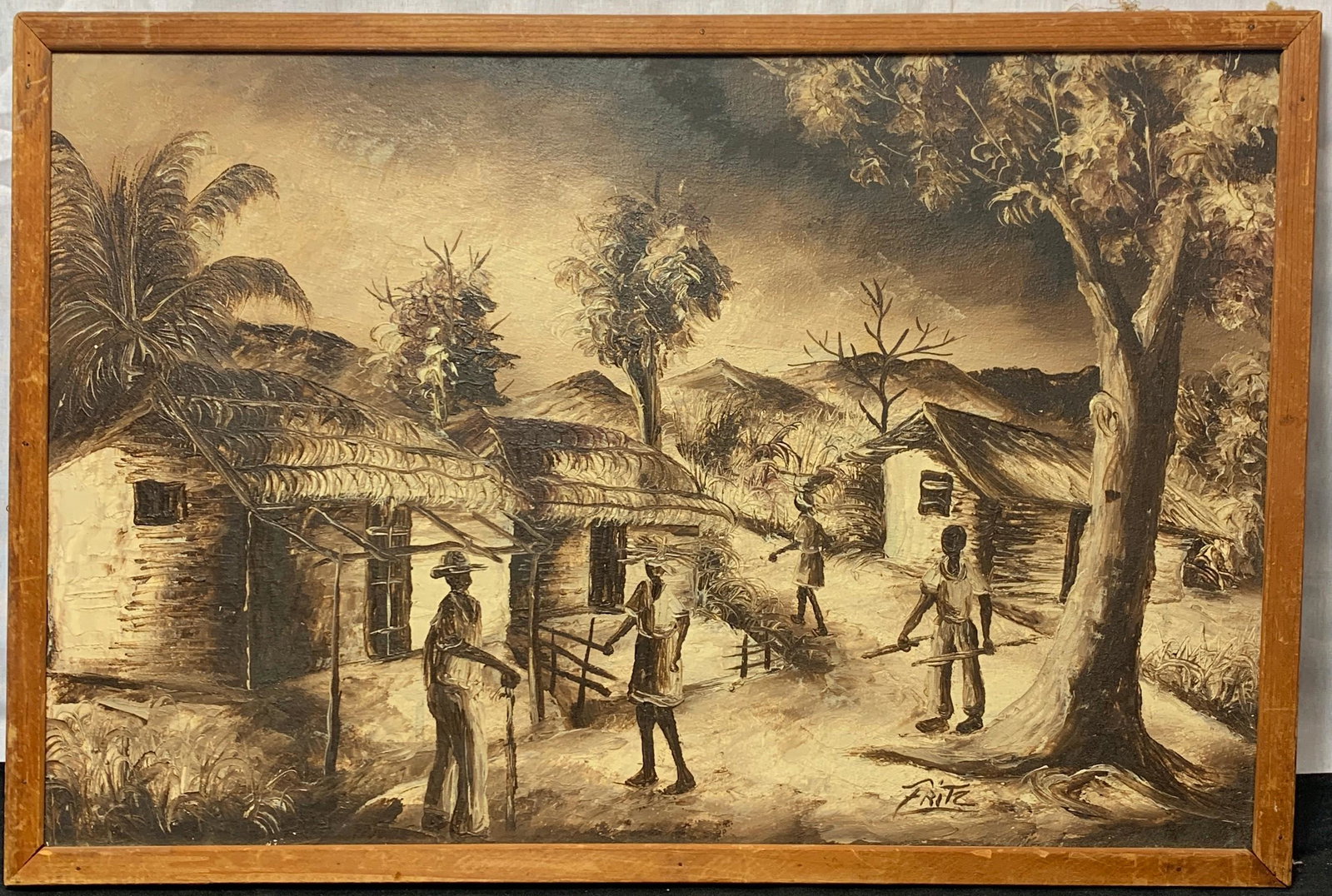 Monochromatic Haitian Oil on Canvas signed Fritz: A Haitian Village scene signed on the bottom right hand corner. It measures 15 1/2 x 23 1/2 in. sight size, w/frame 15 3/4 x 23 1/2 in.