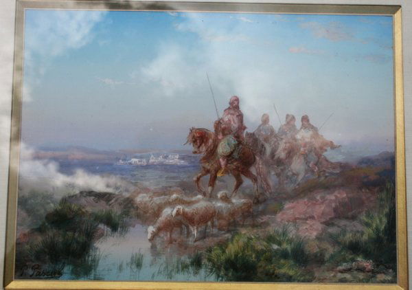 068: Paul Pascal French Painting Orientalist: Lovely orientalist gouache by listed artist Paul Pascal, French (1832-1903)